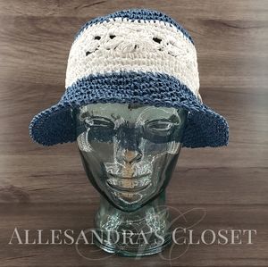Steve Madden Mixed Floral Crochet Packable Bucket Hat Blue Grannycore Vacation